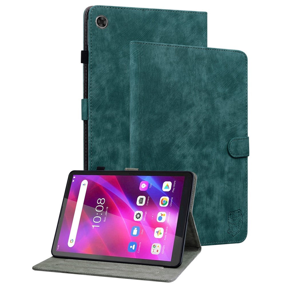 Cute Tiger Pattern Imprinted Case for Lenovo Tab M7 (3rd Gen), PU Leather Anti-scratch Stand Card Holder Cover - Green