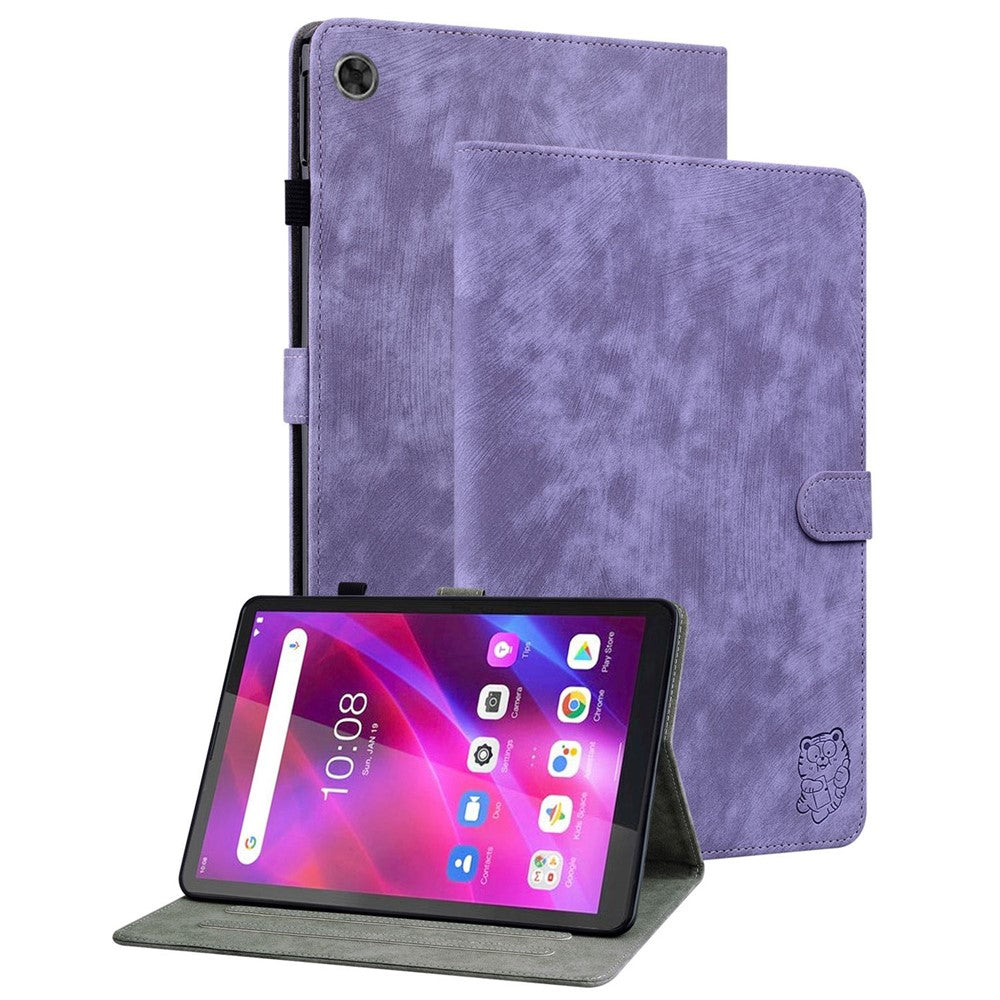 Cute Tiger Pattern Imprinted Case for Lenovo Tab M7 (3rd Gen), PU Leather Anti-scratch Stand Card Holder Cover - Purple