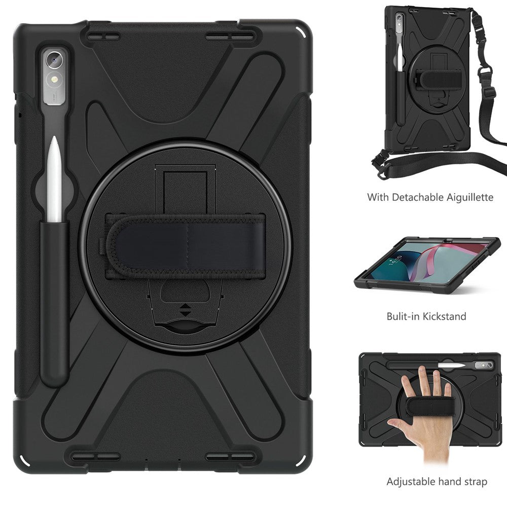 For Lenovo Tab P11 Pro Gen 2 Case Rotation Kickstand PC + Silicone Tablet Cover with Hand Strap / Shoulder Strap - Black