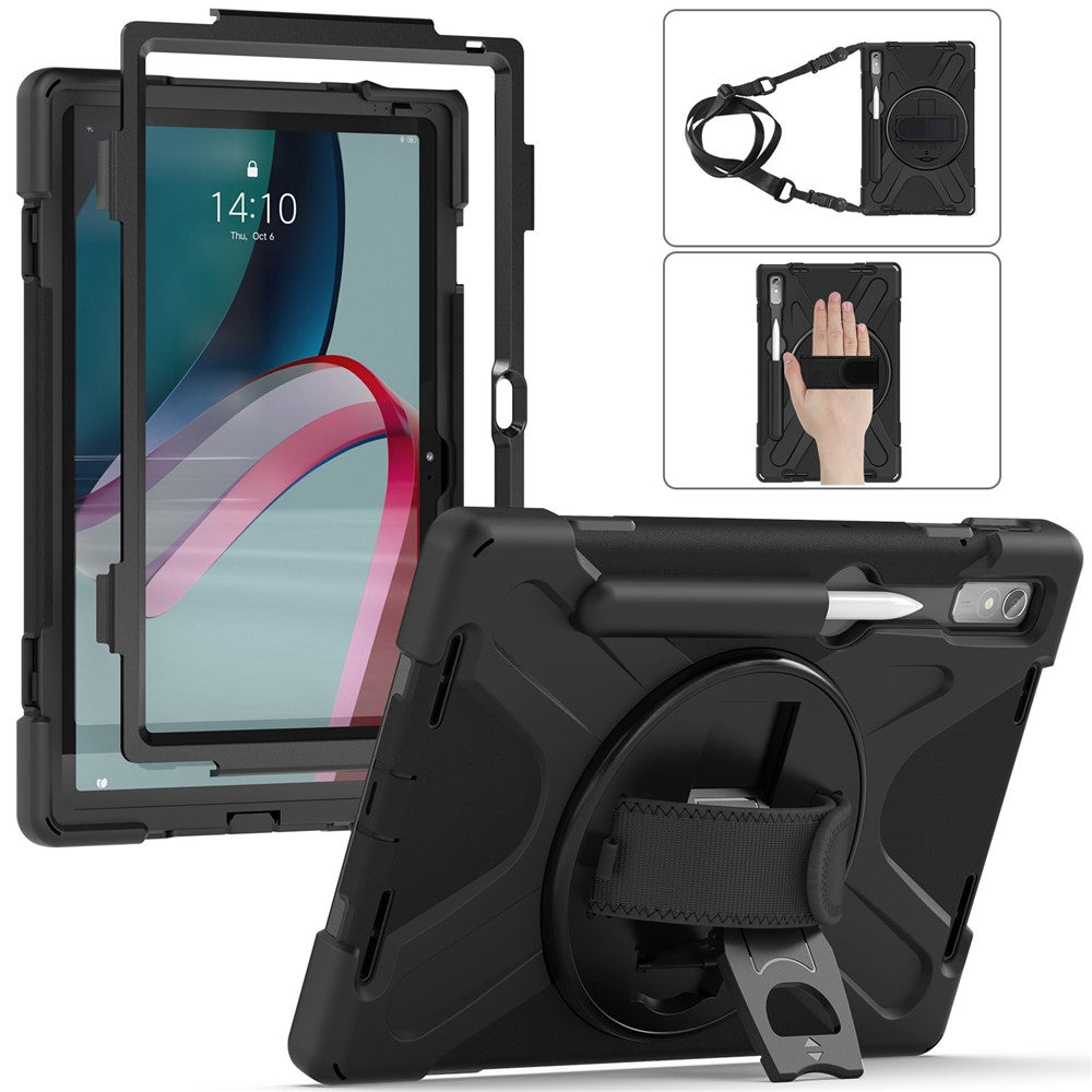 For Lenovo Tab P11 Pro Gen 2 Case Rotation Kickstand PC + Silicone Tablet Cover with Hand Strap / Shoulder Strap - Black