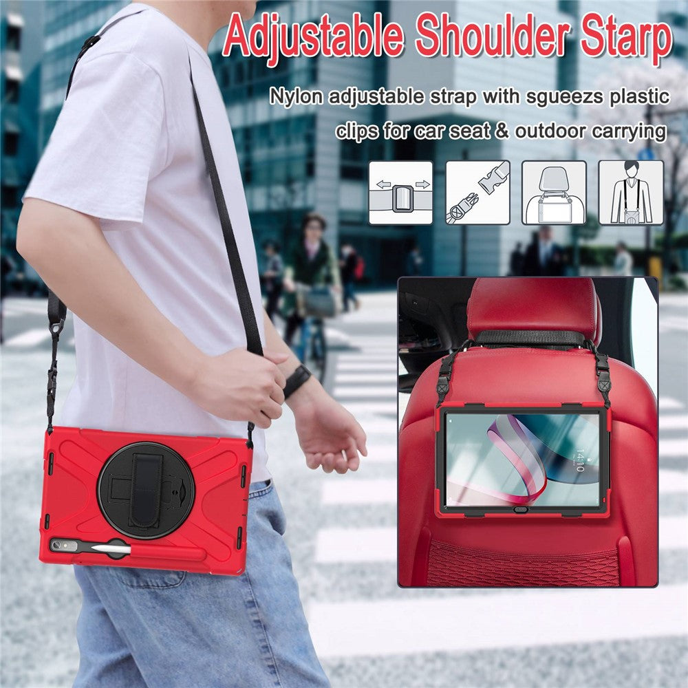 For Lenovo Tab P11 Pro Gen 2 Case Rotation Kickstand PC + Silicone Tablet Cover with Hand Strap / Shoulder Strap - Red