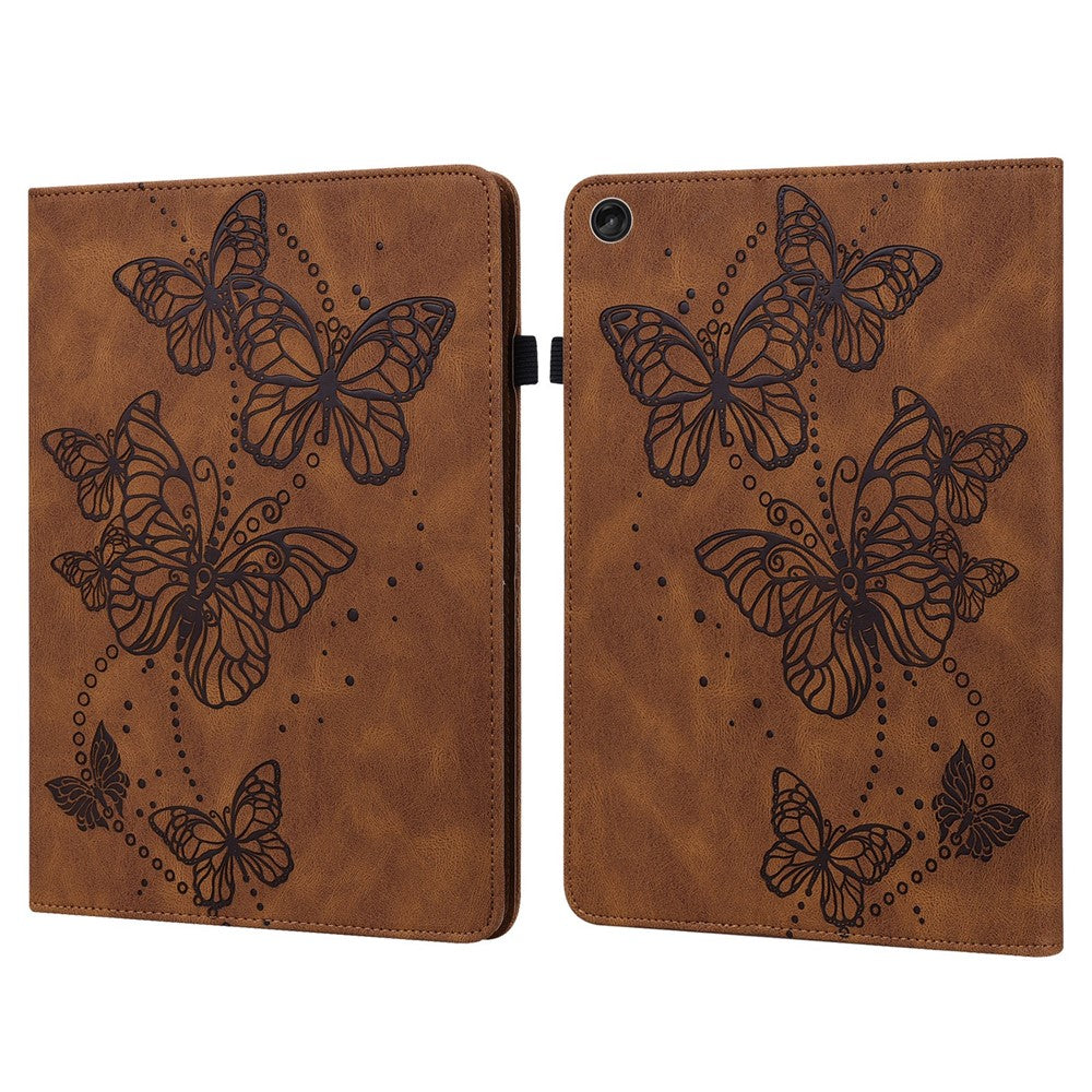 For Lenovo Tab M10 (Gen 3) TB-328FU / TB-328XU PU Leather Drop-proof Tablet Cover Butterfly Imprinted Foldable Stand Card Holder Shell with Elastic Band - Brown