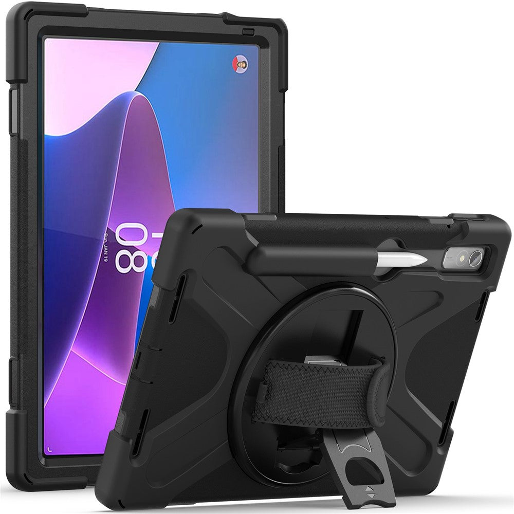 For Lenovo Tab P11 Pro Gen 2 / Tab P11 Pro 2022 Kickstand PC + Silicone Tablet Case 360 Degree Rotation Hand Strap Shockproof Rugged Protective Cover - Black
