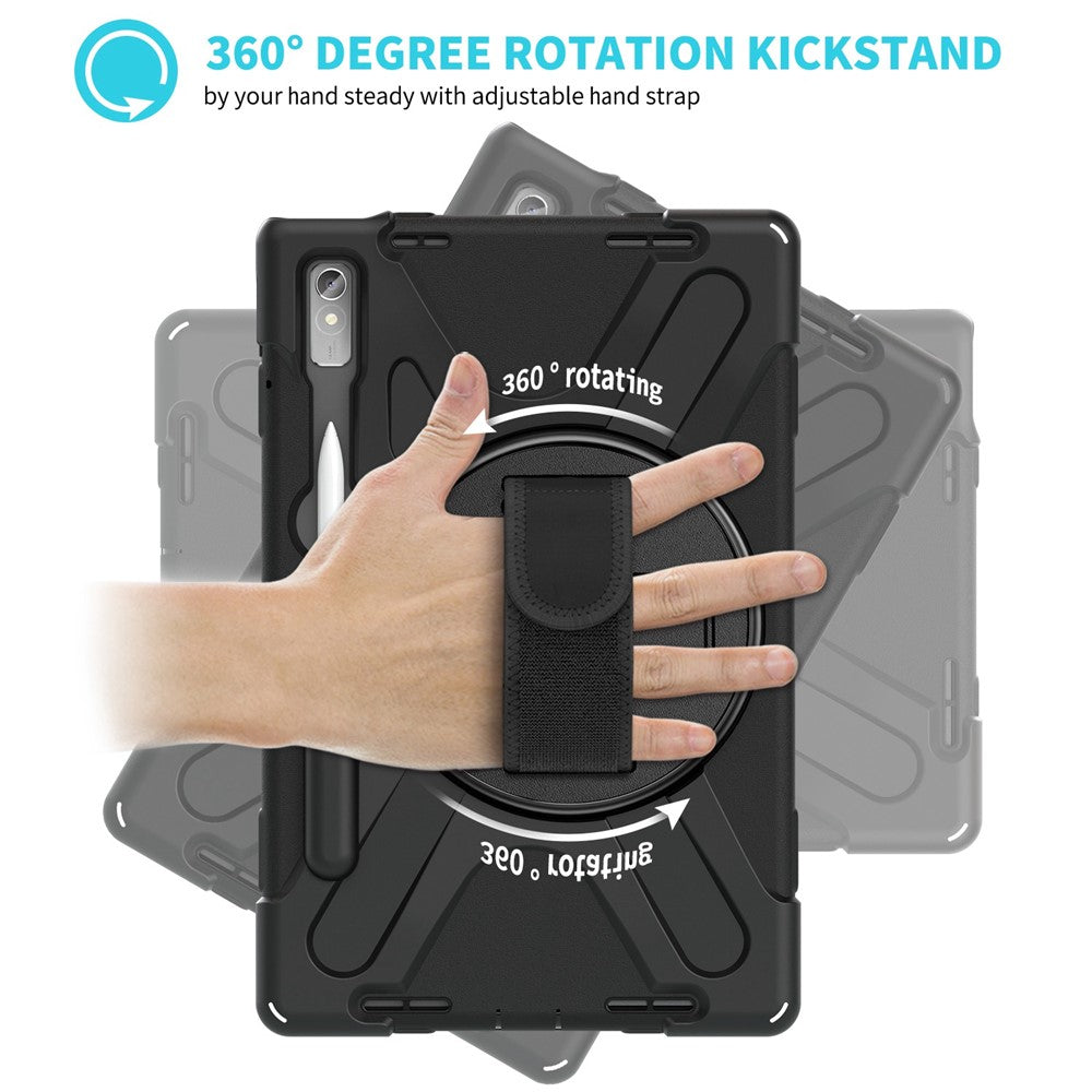 For Lenovo Tab P11 Pro Gen 2 / Tab P11 Pro 2022 Kickstand PC + Silicone Tablet Case 360 Degree Rotation Hand Strap Shockproof Rugged Protective Cover - Black