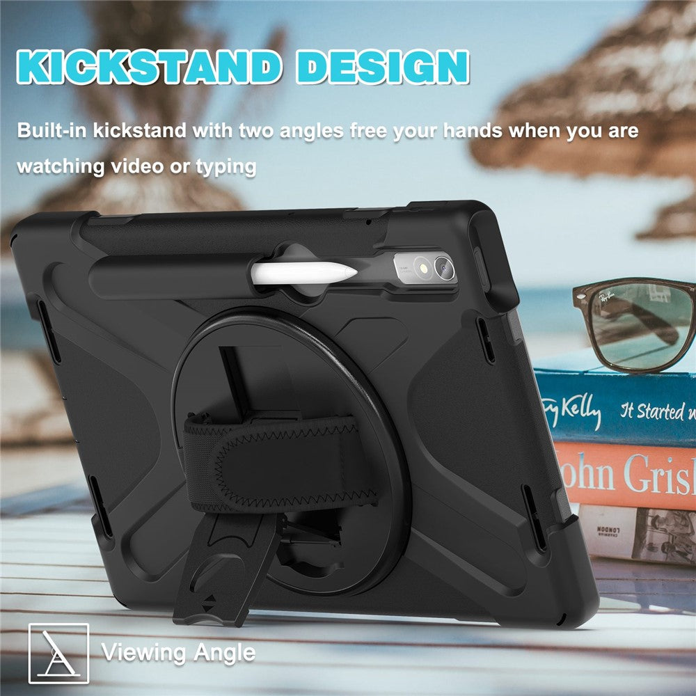 For Lenovo Tab P11 Pro Gen 2 / Tab P11 Pro 2022 Kickstand PC + Silicone Tablet Case 360 Degree Rotation Hand Strap Shockproof Rugged Protective Cover - Black