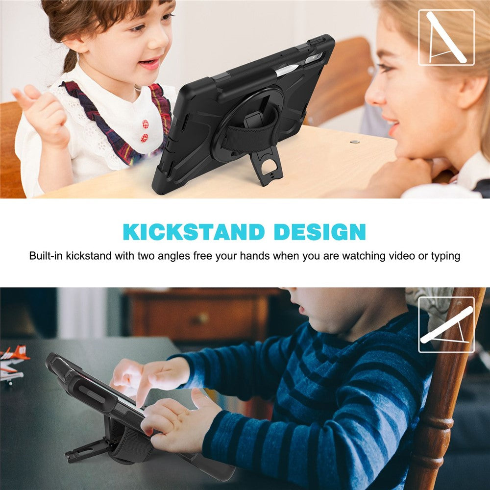 For Lenovo Tab P11 Pro Gen 2 / Tab P11 Pro 2022 Kickstand PC + Silicone Tablet Case 360 Degree Rotation Hand Strap Shockproof Rugged Protective Cover - Black