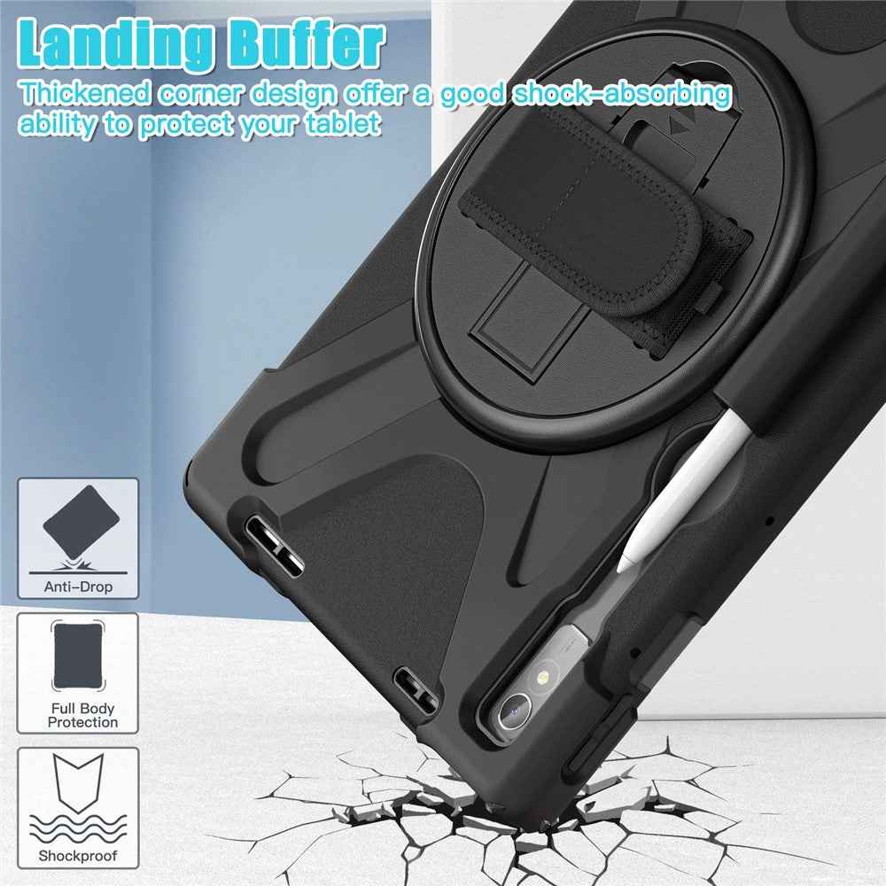 For Lenovo Tab P11 Pro Gen 2 / Tab P11 Pro 2022 Kickstand PC + Silicone Tablet Case 360 Degree Rotation Hand Strap Shockproof Rugged Protective Cover - Black