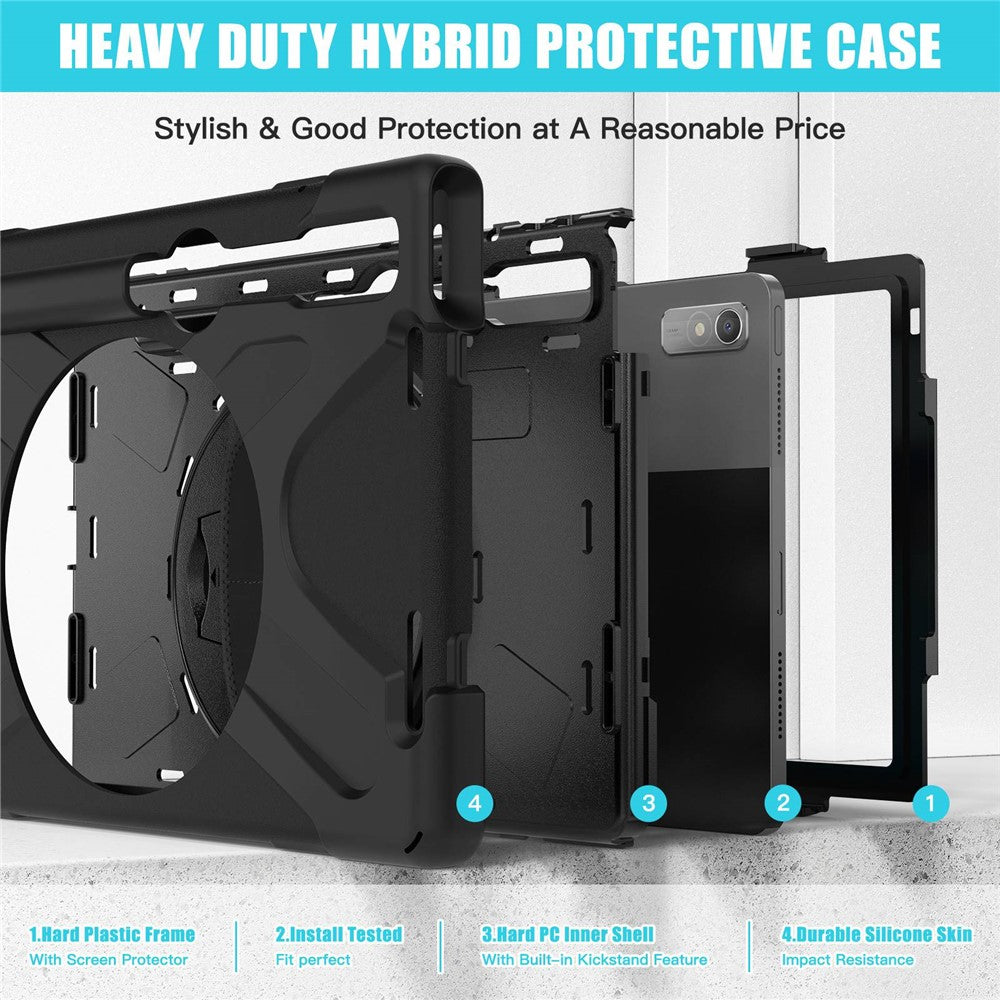 For Lenovo Tab P11 Pro Gen 2 / Tab P11 Pro 2022 Kickstand PC + Silicone Tablet Case 360 Degree Rotation Hand Strap Shockproof Rugged Protective Cover - Black