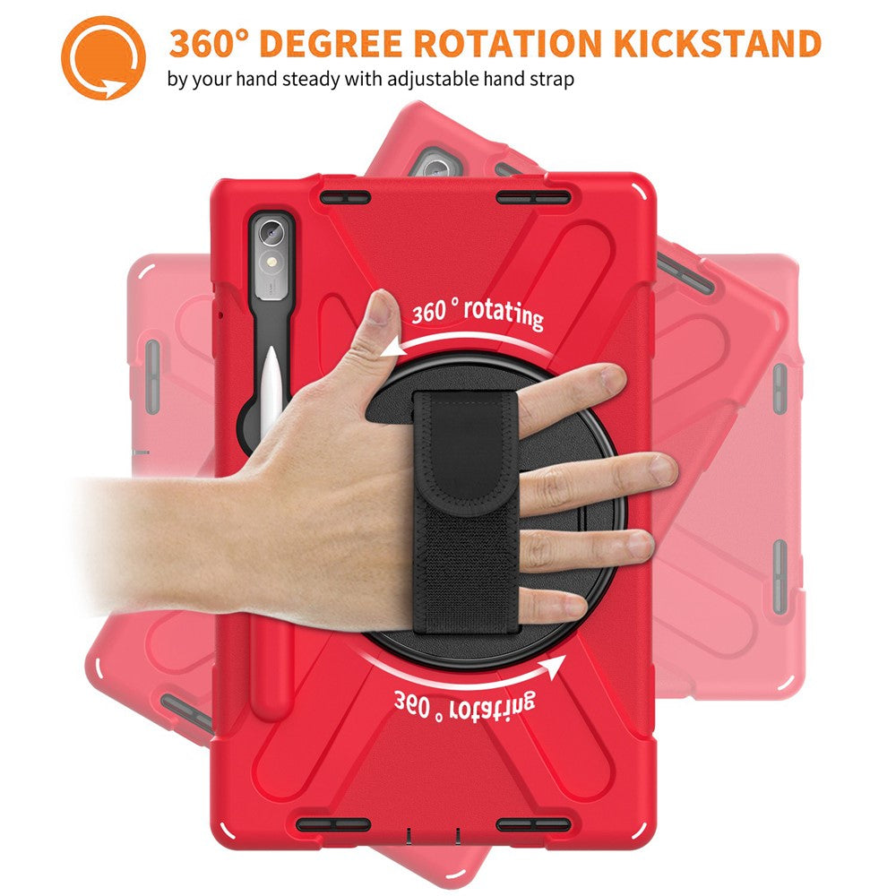 For Lenovo Tab P11 Pro Gen 2 / Tab P11 Pro 2022 Kickstand PC + Silicone Tablet Case 360 Degree Rotation Hand Strap Shockproof Rugged Protective Cover - Red
