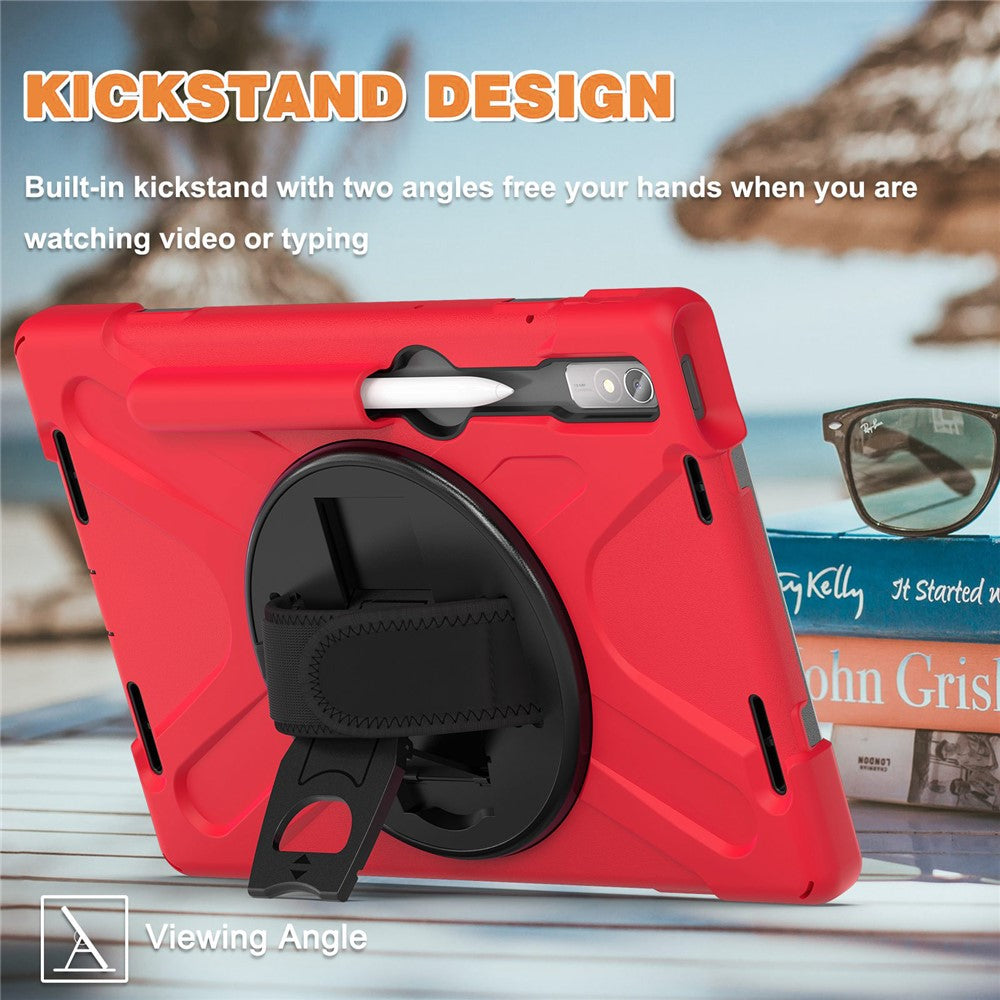 For Lenovo Tab P11 Pro Gen 2 / Tab P11 Pro 2022 Kickstand PC + Silicone Tablet Case 360 Degree Rotation Hand Strap Shockproof Rugged Protective Cover - Red