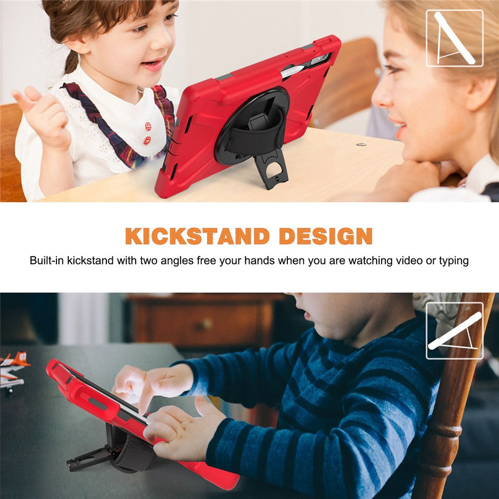 For Lenovo Tab P11 Pro Gen 2 / Tab P11 Pro 2022 Kickstand PC + Silicone Tablet Case 360 Degree Rotation Hand Strap Shockproof Rugged Protective Cover - Red