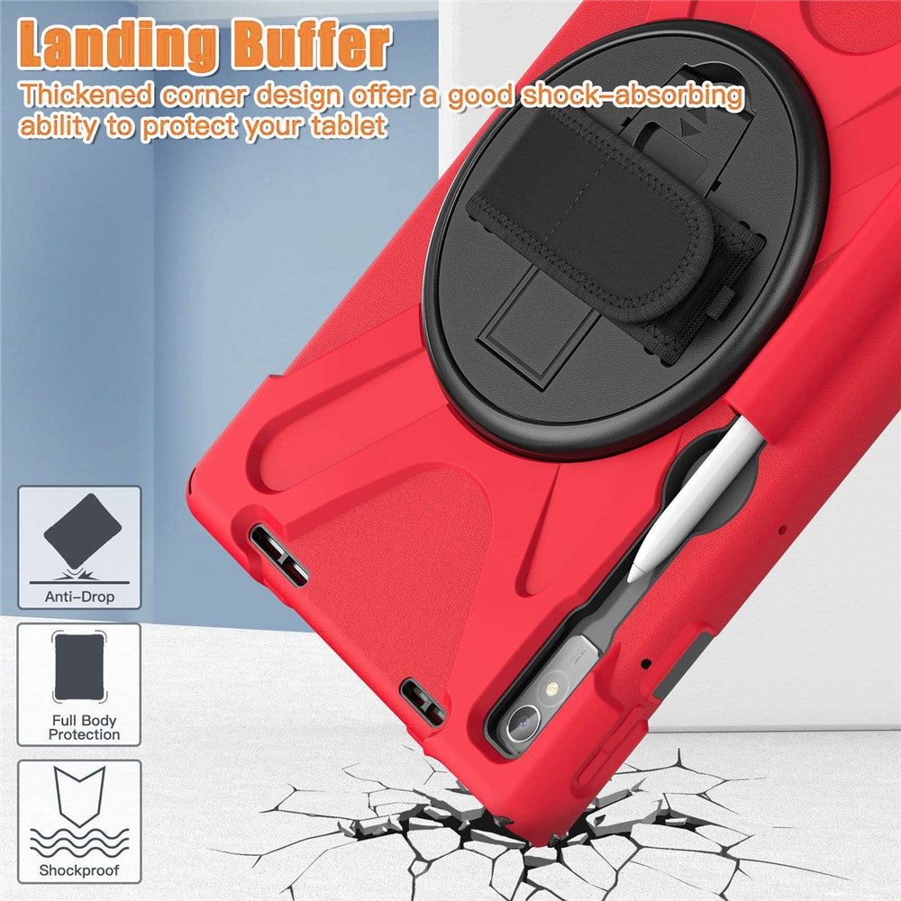 For Lenovo Tab P11 Pro Gen 2 / Tab P11 Pro 2022 Kickstand PC + Silicone Tablet Case 360 Degree Rotation Hand Strap Shockproof Rugged Protective Cover - Red