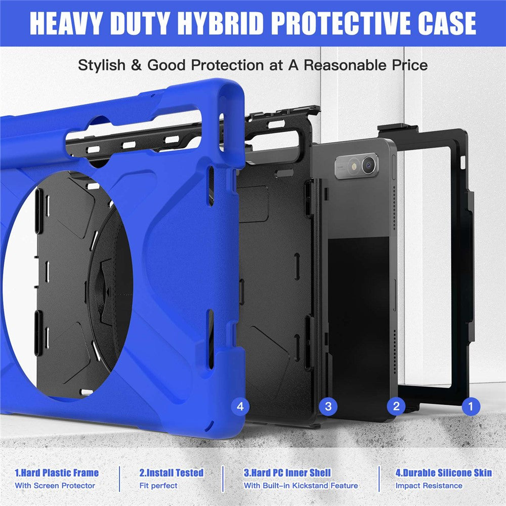 For Lenovo Tab P11 Pro Gen 2 / Tab P11 Pro 2022 Kickstand PC + Silicone Tablet Case 360 Degree Rotation Hand Strap Shockproof Rugged Protective Cover - Blue