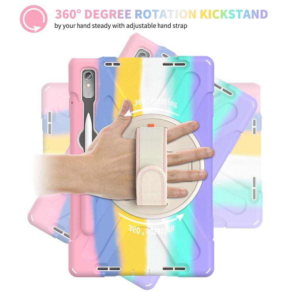 For Lenovo Tab P11 Pro Gen 2 / Tab P11 Pro 2022 Kickstand PC + Silicone Tablet Case 360 Degree Rotation Hand Strap Shockproof Rugged Protective Cover - Colorful Pink