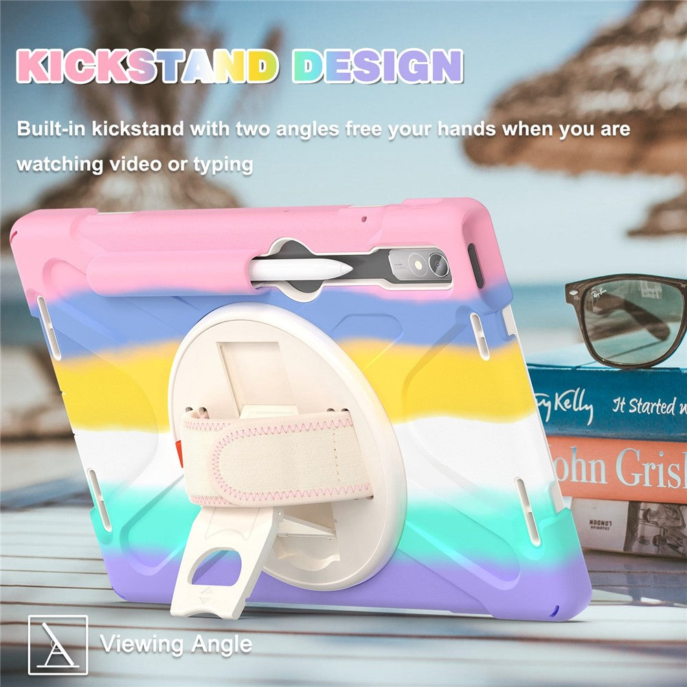 For Lenovo Tab P11 Pro Gen 2 / Tab P11 Pro 2022 Kickstand PC + Silicone Tablet Case 360 Degree Rotation Hand Strap Shockproof Rugged Protective Cover - Colorful Pink