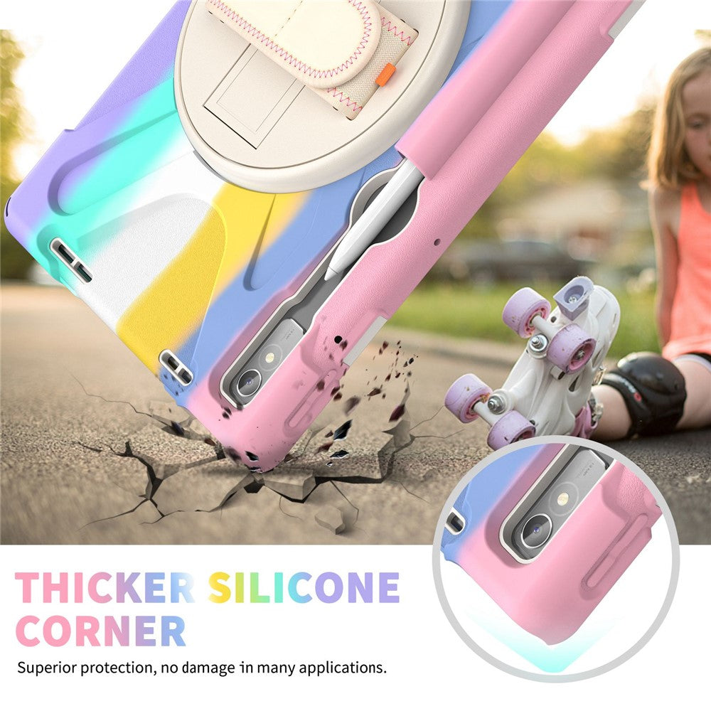 For Lenovo Tab P11 Pro Gen 2 / Tab P11 Pro 2022 Kickstand PC + Silicone Tablet Case 360 Degree Rotation Hand Strap Shockproof Rugged Protective Cover - Colorful Pink