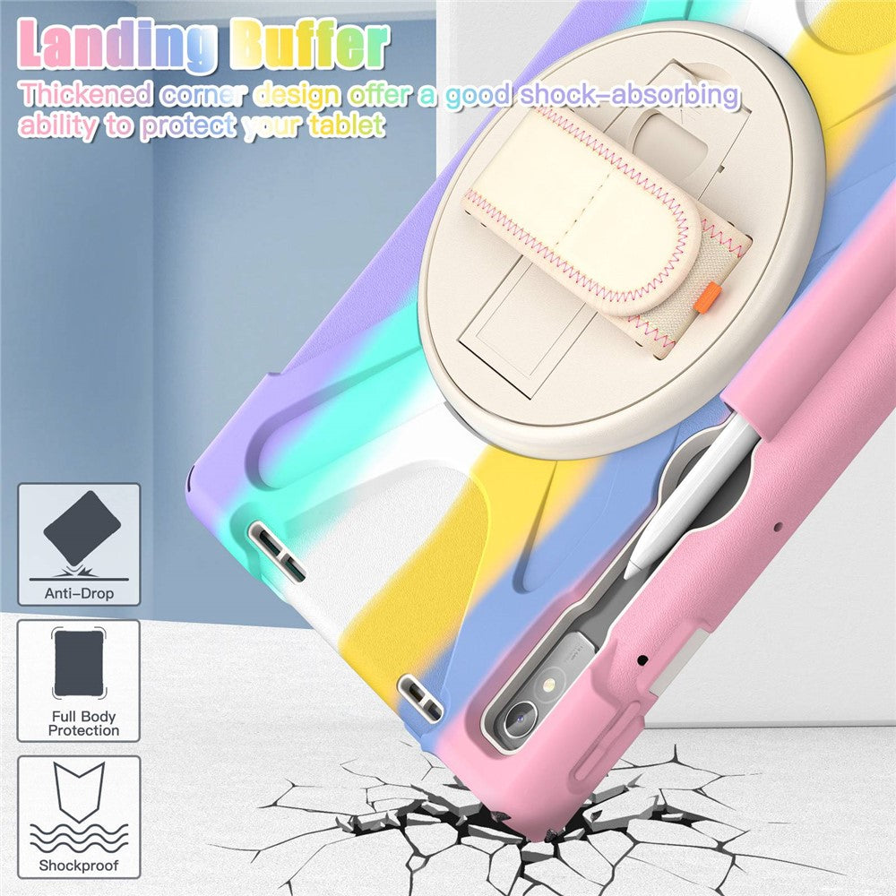 For Lenovo Tab P11 Pro Gen 2 / Tab P11 Pro 2022 Kickstand PC + Silicone Tablet Case 360 Degree Rotation Hand Strap Shockproof Rugged Protective Cover - Colorful Pink
