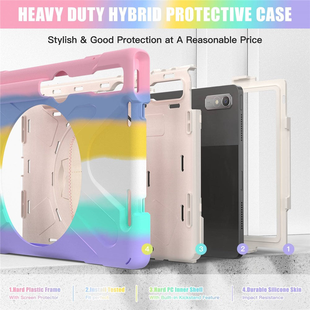 For Lenovo Tab P11 Pro Gen 2 / Tab P11 Pro 2022 Kickstand PC + Silicone Tablet Case 360 Degree Rotation Hand Strap Shockproof Rugged Protective Cover - Colorful Pink