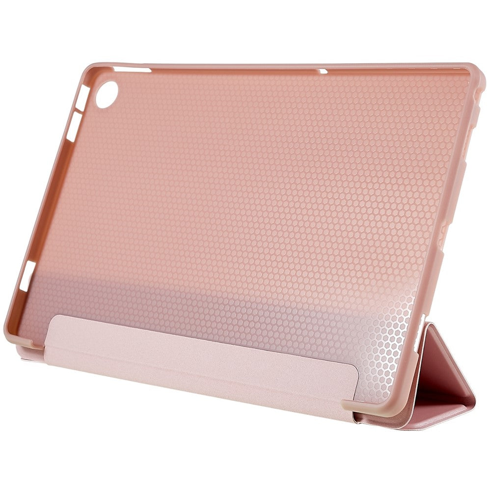 For Lenovo Tab M10 Plus (3rd Gen) / Xiaoxin Pad 2022 10.6 inch Three-fold Stand PU Leather Cover Full Protection Soft Silicone Tablet Case - Rose Gold