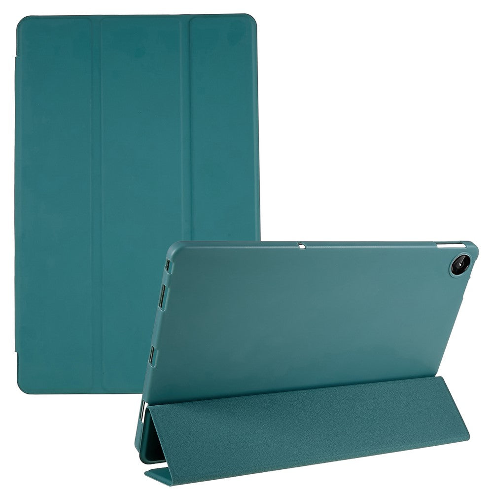 For Lenovo Tab M10 Plus (3rd Gen) / Xiaoxin Pad 2022 10.6 inch Three-fold Stand PU Leather Cover Full Protection Soft Silicone Tablet Case - Blackish Green