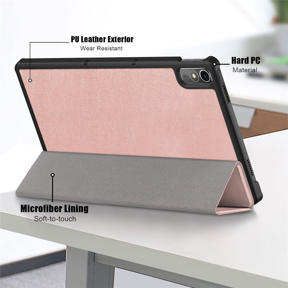 For Lenovo Tab P11 Gen 2 Solid Color PU Leather Tablet Case Tri-fold Stand Auto Wake  /  Sleep Smart Cover - Rose Gold