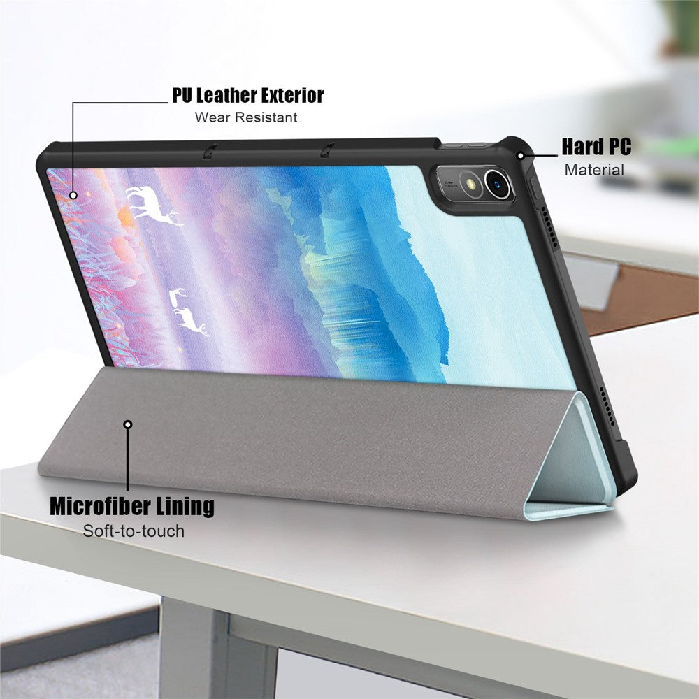 For Lenovo Tab P11 Gen 2 Pattern Printing PU Leather Protective Cover Trifold Stand Smart Tablet Case with Auto Wake  /  Sleep - Fantasy Deer