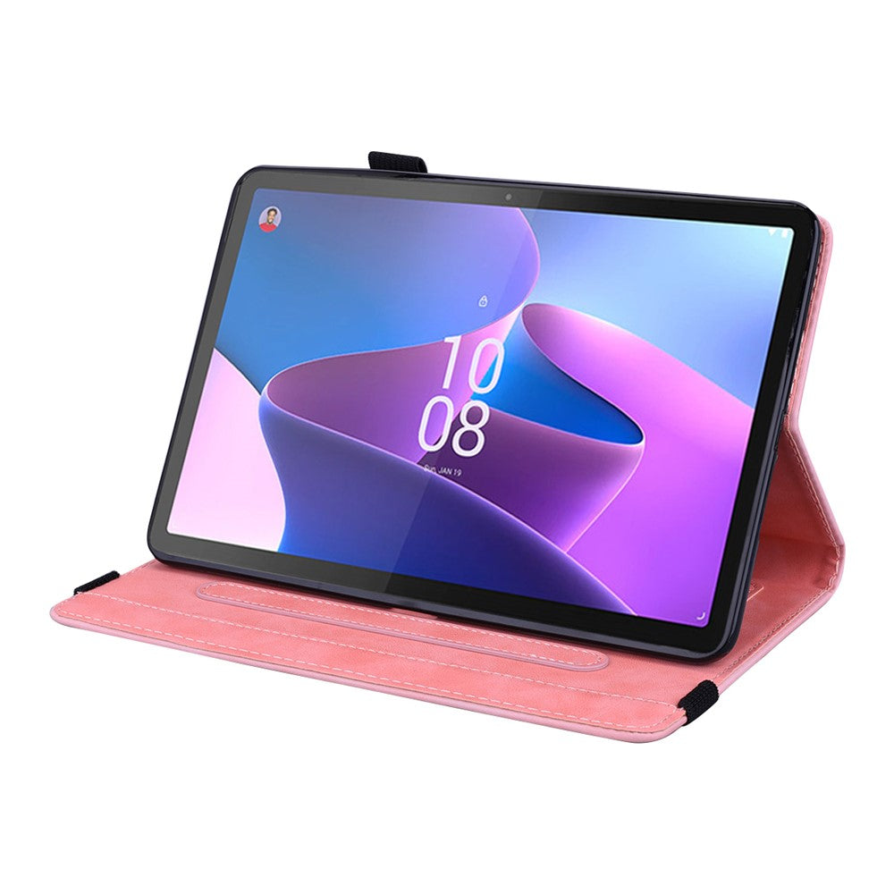 For Lenovo Pad Pro 2022 / Tab P11 Pro Gen 2 Imprinted Flower Pattern Tablet Case PU Leather Stand Card Slot Cover with Elastic Band and Pen Loop - Pink
