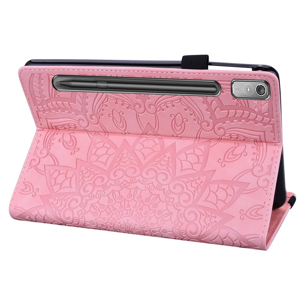 For Lenovo Pad Pro 2022 / Tab P11 Pro Gen 2 Imprinted Flower Pattern Tablet Case PU Leather Stand Card Slot Cover with Elastic Band and Pen Loop - Pink