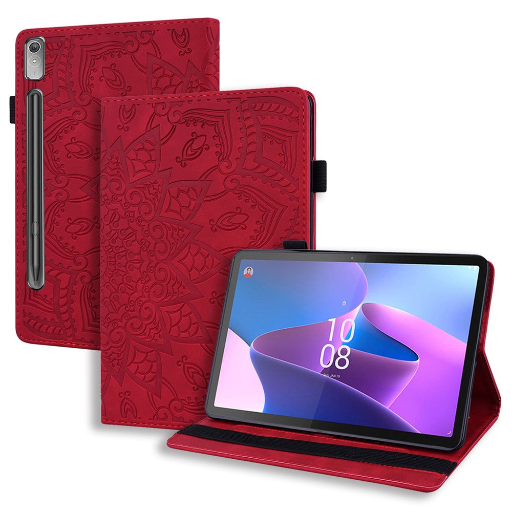 For Lenovo Pad Pro 2022 / Tab P11 Pro Gen 2 Imprinted Flower Pattern Tablet Case PU Leather Stand Card Slot Cover with Elastic Band and Pen Loop - Red