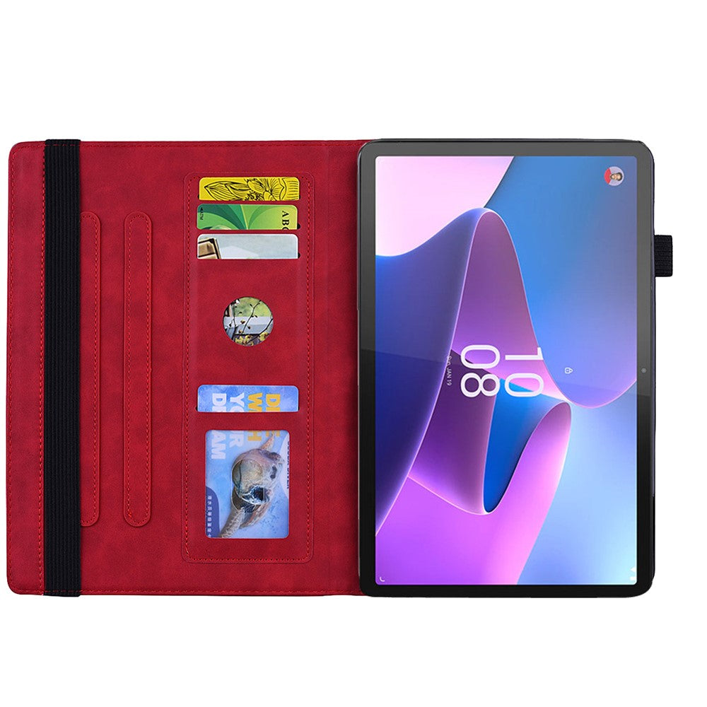 For Lenovo Pad Pro 2022 / Tab P11 Pro Gen 2 Imprinted Flower Pattern Tablet Case PU Leather Stand Card Slot Cover with Elastic Band and Pen Loop - Red