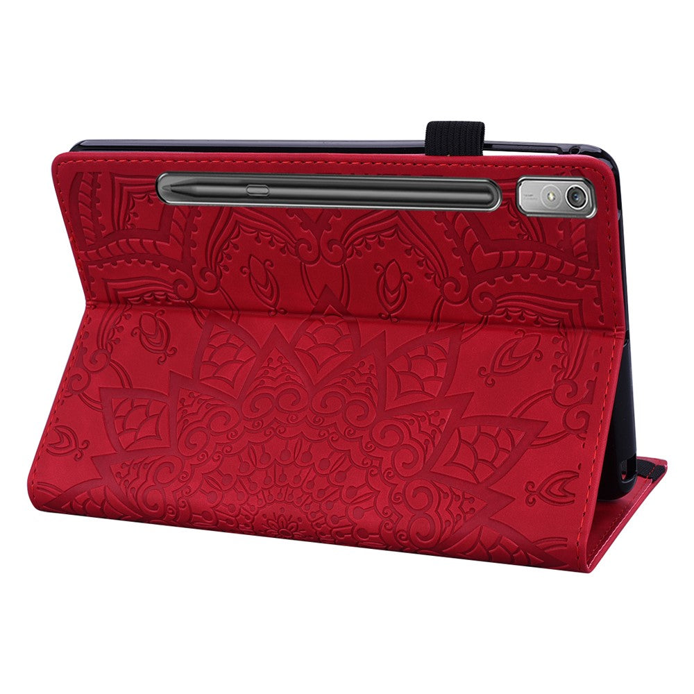For Lenovo Pad Pro 2022 / Tab P11 Pro Gen 2 Imprinted Flower Pattern Tablet Case PU Leather Stand Card Slot Cover with Elastic Band and Pen Loop - Red