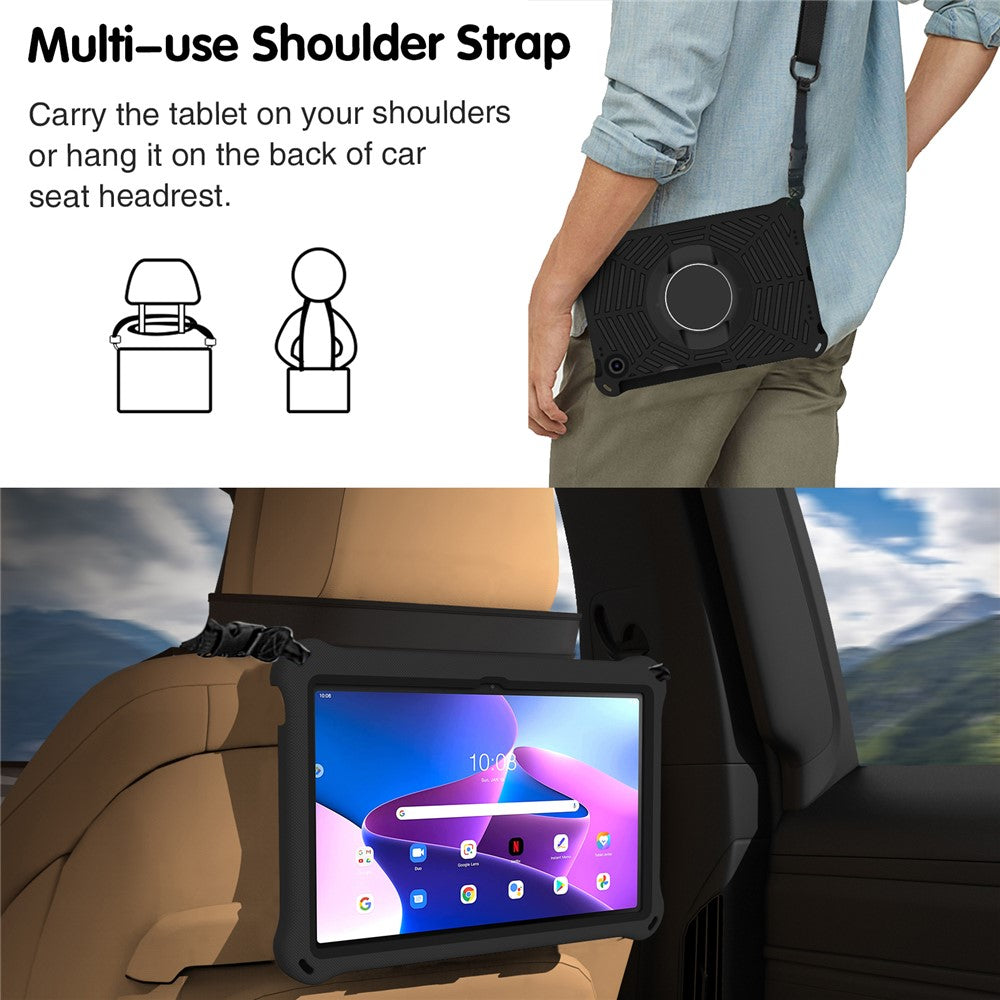 For Lenovo Tab M10 Plus (3rd Gen) / Xiaoxin Pad 2022 10.6 inch Spider Web Texture Shockproof EVA Case 360 Degree Rotation Kickstand Anti-scratch Cover with Shoulder Strap - Black