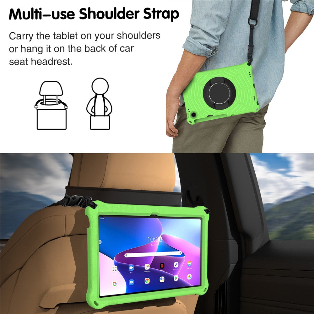For Lenovo Tab M10 Plus (3rd Gen) / Xiaoxin Pad 2022 10.6 inch Spider Web Texture Shockproof EVA Case 360 Degree Rotation Kickstand Anti-scratch Cover with Shoulder Strap - Green