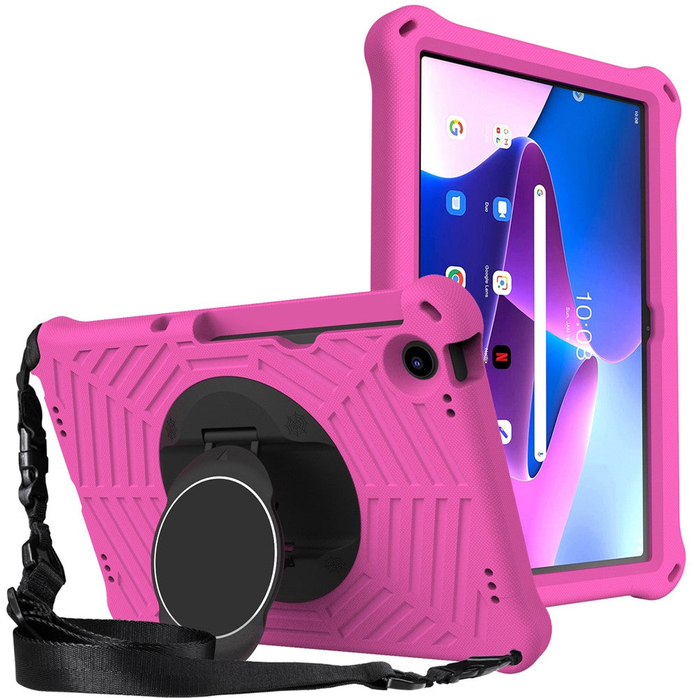 For Lenovo Tab M10 Plus (3rd Gen) / Xiaoxin Pad 2022 10.6 inch Spider Web Texture Shockproof EVA Case 360 Degree Rotation Kickstand Anti-scratch Cover with Shoulder Strap - Rose
