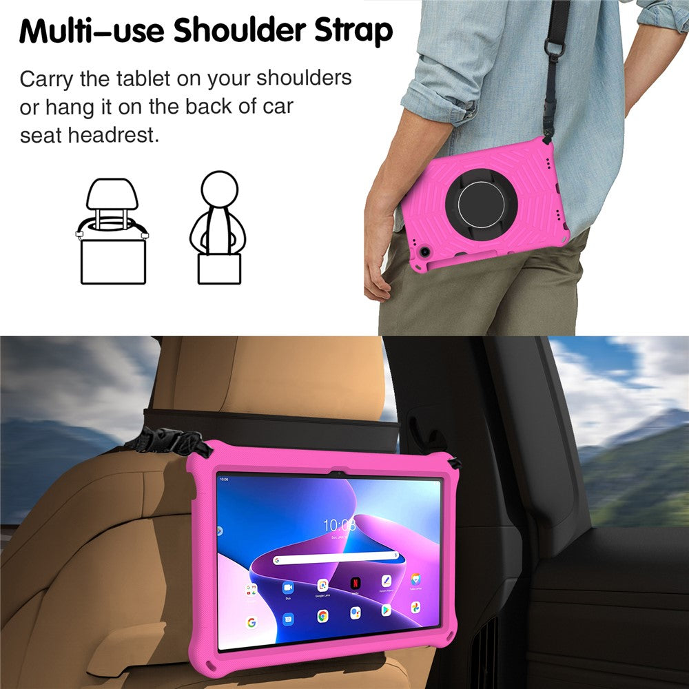 For Lenovo Tab M10 Plus (3rd Gen) / Xiaoxin Pad 2022 10.6 inch Spider Web Texture Shockproof EVA Case 360 Degree Rotation Kickstand Anti-scratch Cover with Shoulder Strap - Rose