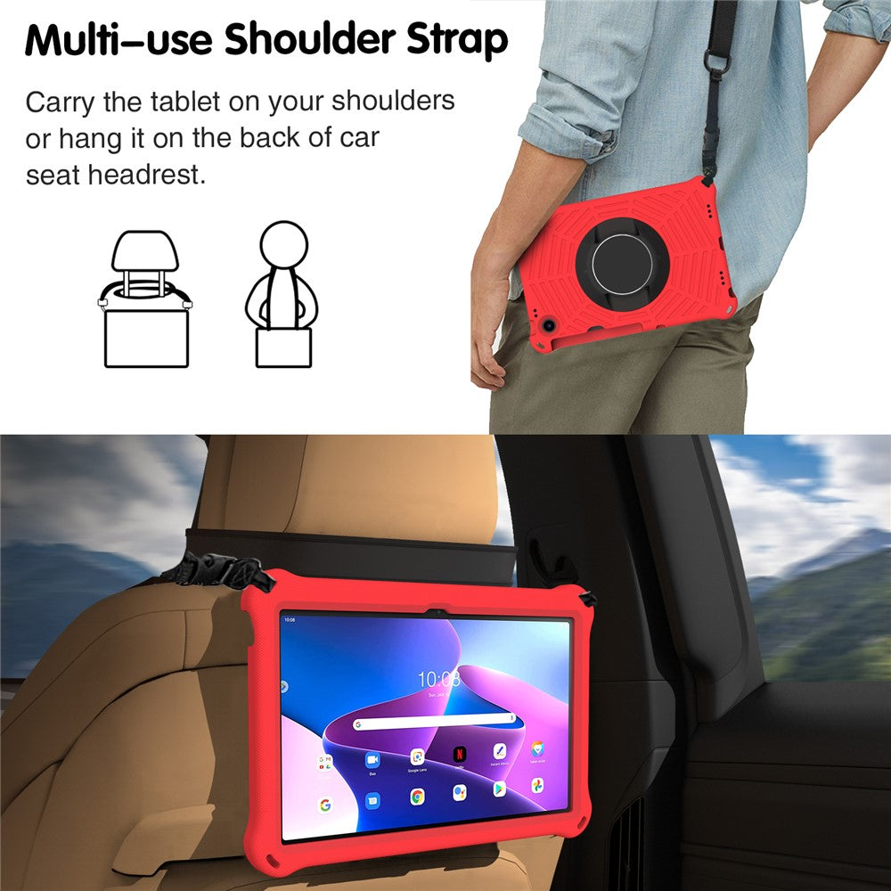 For Lenovo Tab M10 Plus (3rd Gen) / Xiaoxin Pad 2022 10.6 inch Spider Web Texture Shockproof EVA Case 360 Degree Rotation Kickstand Anti-scratch Cover with Shoulder Strap - Red