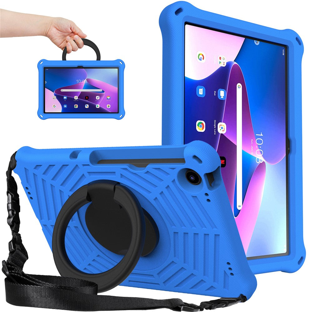 For Lenovo Tab M10 Plus (3rd Gen) / Xiaoxin Pad 2022 10.6 inch Shockproof Spider Web Texture Tablet Cover Kickstand Hand Grip Tablet Case with Shoulder Strap - Blue