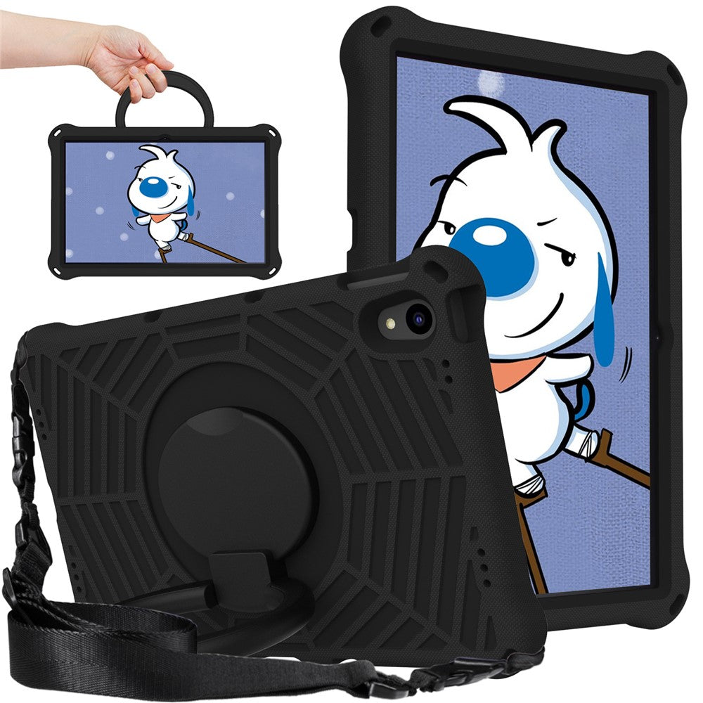 For Lenovo Tab P11 TB-J606F (11") / Tab P11 Plus Protective Kickstand Case Spider Web Texture Tablet Cover with Shoulder Strap - Black