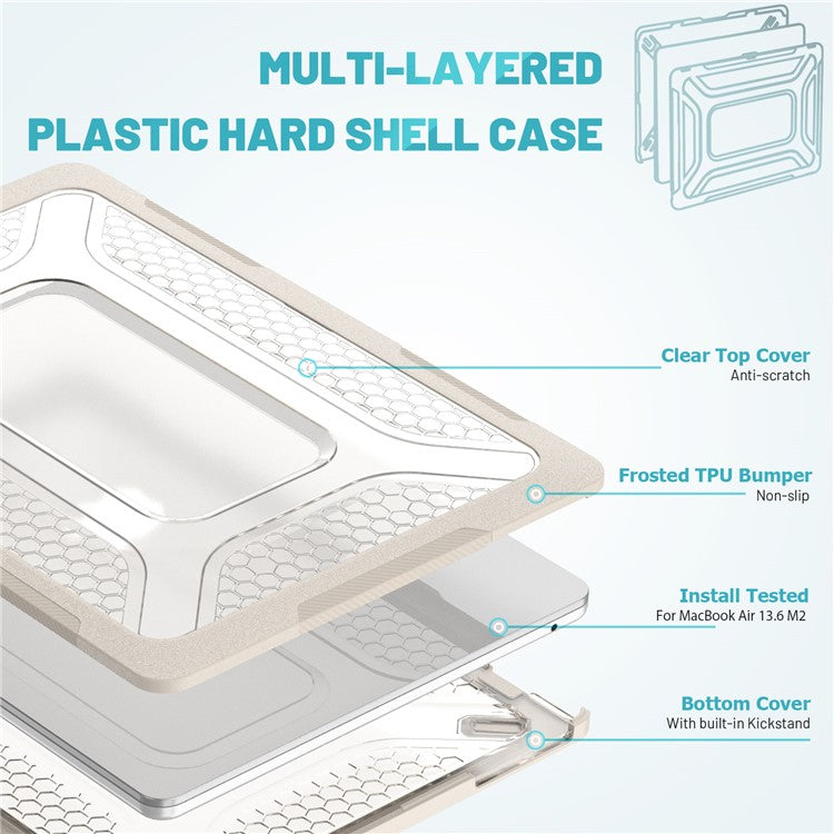 For MacBook Air 13 inch (2025) / (2024) / (2022) M2 A2681 Heat Dissipation Laptop Case Shockproof Hard PC Soft TPU Kickstand Cover - Apricot