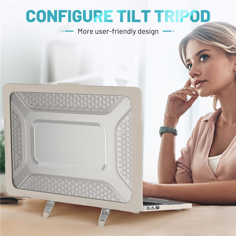 For MacBook Air 13 inch (2025) / (2024) / (2022) M2 A2681 Heat Dissipation Laptop Case Shockproof Hard PC Soft TPU Kickstand Cover - Apricot