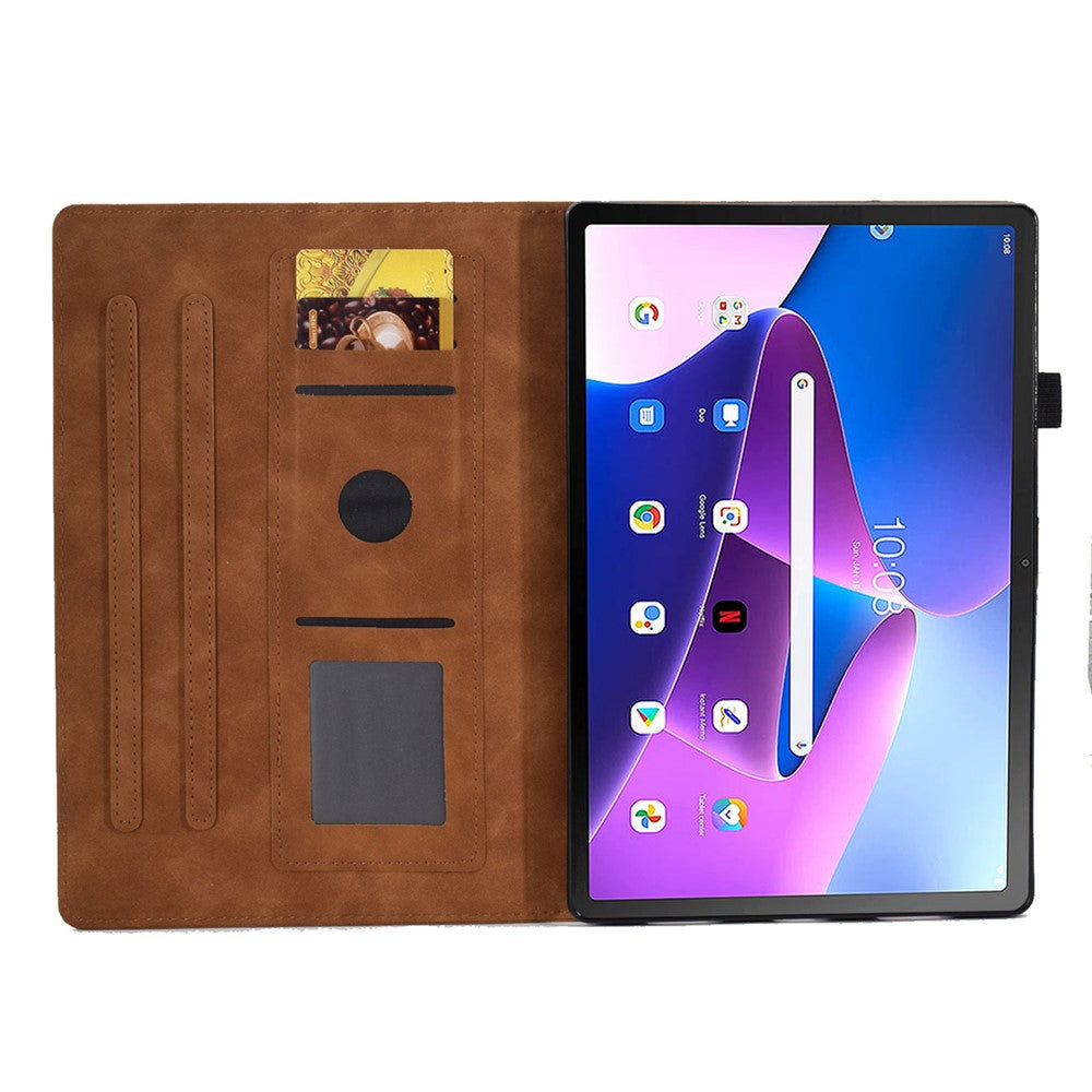 For Lenovo Tab M10 Plus (3rd Gen) / Xiaoxin Pad 2022 10.6 inch PU Leather Butterfly Flower Pattern Imprinted Tablet Cover Stitching Line Stand Smart Protective Case with Card Holder - Brown