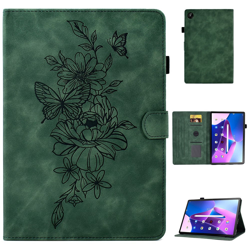 For Lenovo Tab M10 Plus (3rd Gen) / Xiaoxin Pad 2022 10.6 inch PU Leather Butterfly Flower Pattern Imprinted Tablet Cover Stitching Line Stand Smart Protective Case with Card Holder - Green