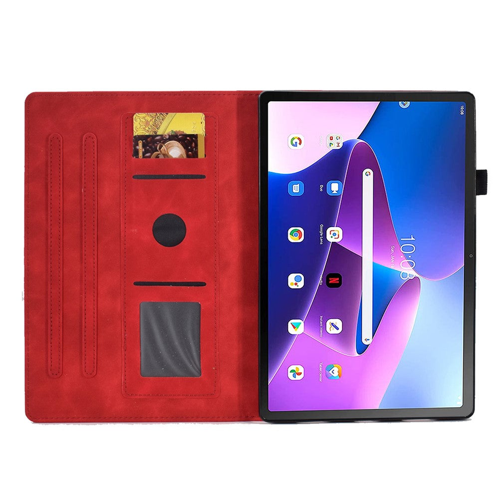For Lenovo Tab M10 Plus (3rd Gen) / Xiaoxin Pad 2022 10.6 inch PU Leather Butterfly Flower Pattern Imprinted Tablet Cover Stitching Line Stand Smart Protective Case with Card Holder - Red