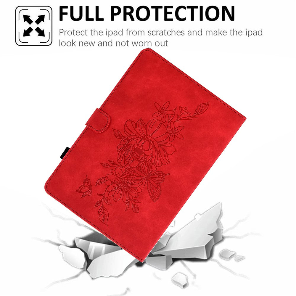 For Lenovo Tab M10 Plus (3rd Gen) / Xiaoxin Pad 2022 10.6 inch PU Leather Butterfly Flower Pattern Imprinted Tablet Cover Stitching Line Stand Smart Protective Case with Card Holder - Red