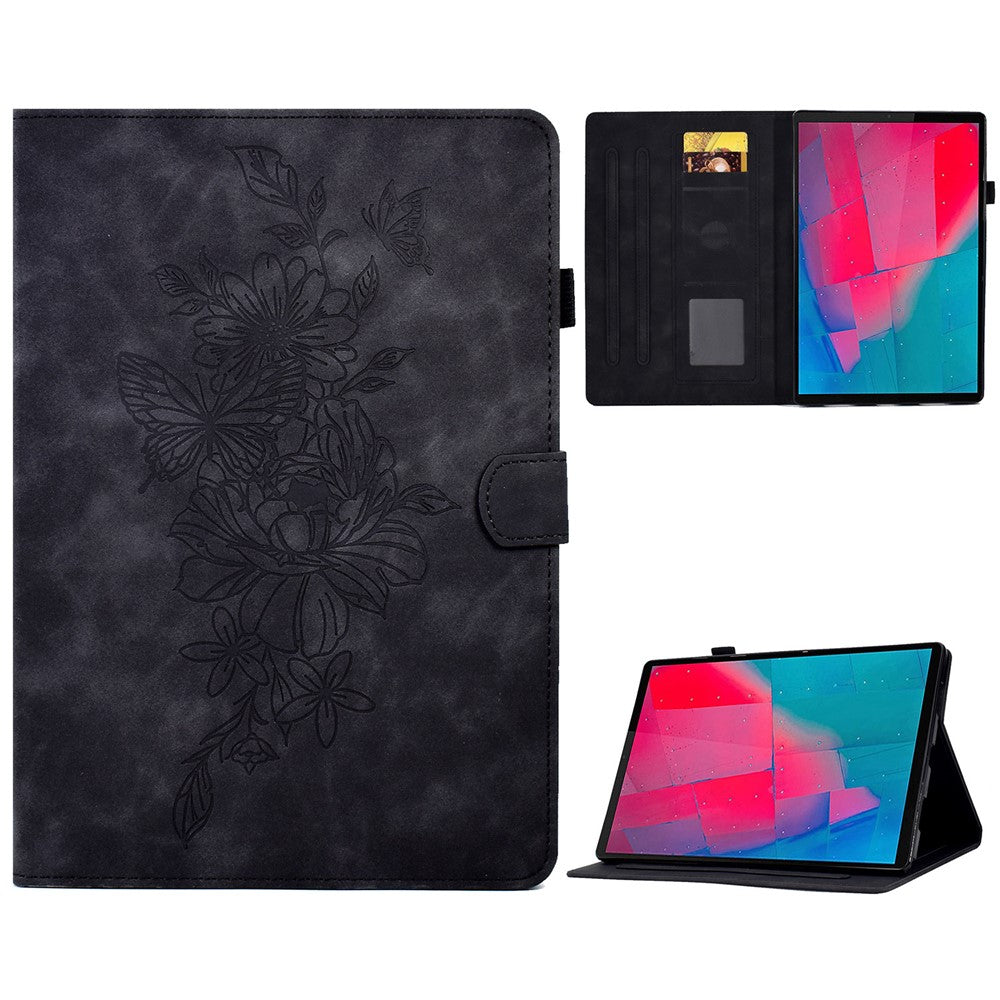 For Lenovo Tab M10 Plus TB-X606F Butterfly Flower Pattern Imprinted PU Leather Folio Case Stitching Line Card Holder Stand Smart Tablet Cover - Black