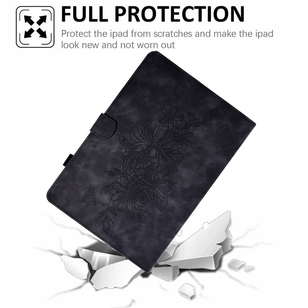 For Lenovo Tab M10 Plus TB-X606F Butterfly Flower Pattern Imprinted PU Leather Folio Case Stitching Line Card Holder Stand Smart Tablet Cover - Black