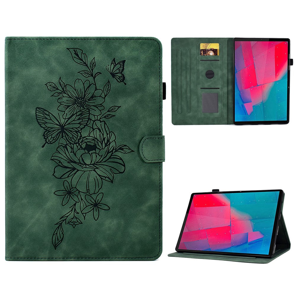 For Lenovo Tab M10 Plus TB-X606F Butterfly Flower Pattern Imprinted PU Leather Folio Case Stitching Line Card Holder Stand Smart Tablet Cover - Green