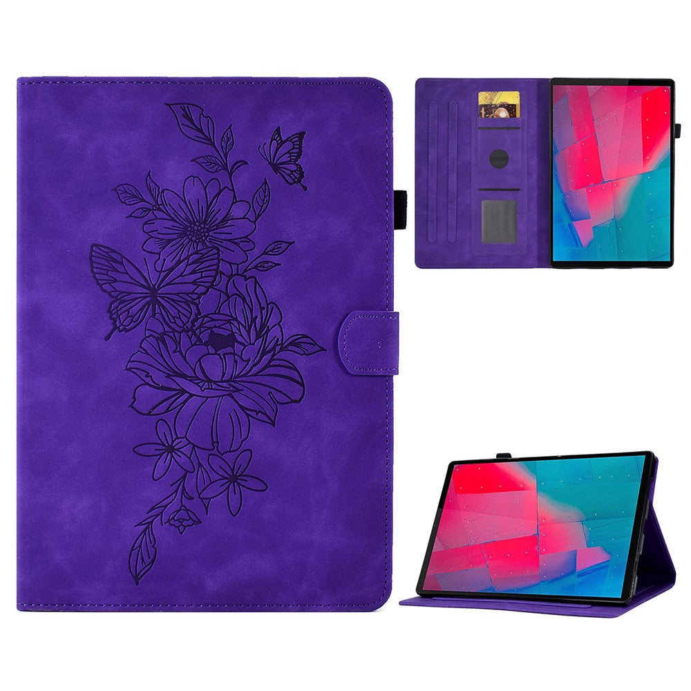 For Lenovo Tab M10 Plus TB-X606F Butterfly Flower Pattern Imprinted PU Leather Folio Case Stitching Line Card Holder Stand Smart Tablet Cover - Purple