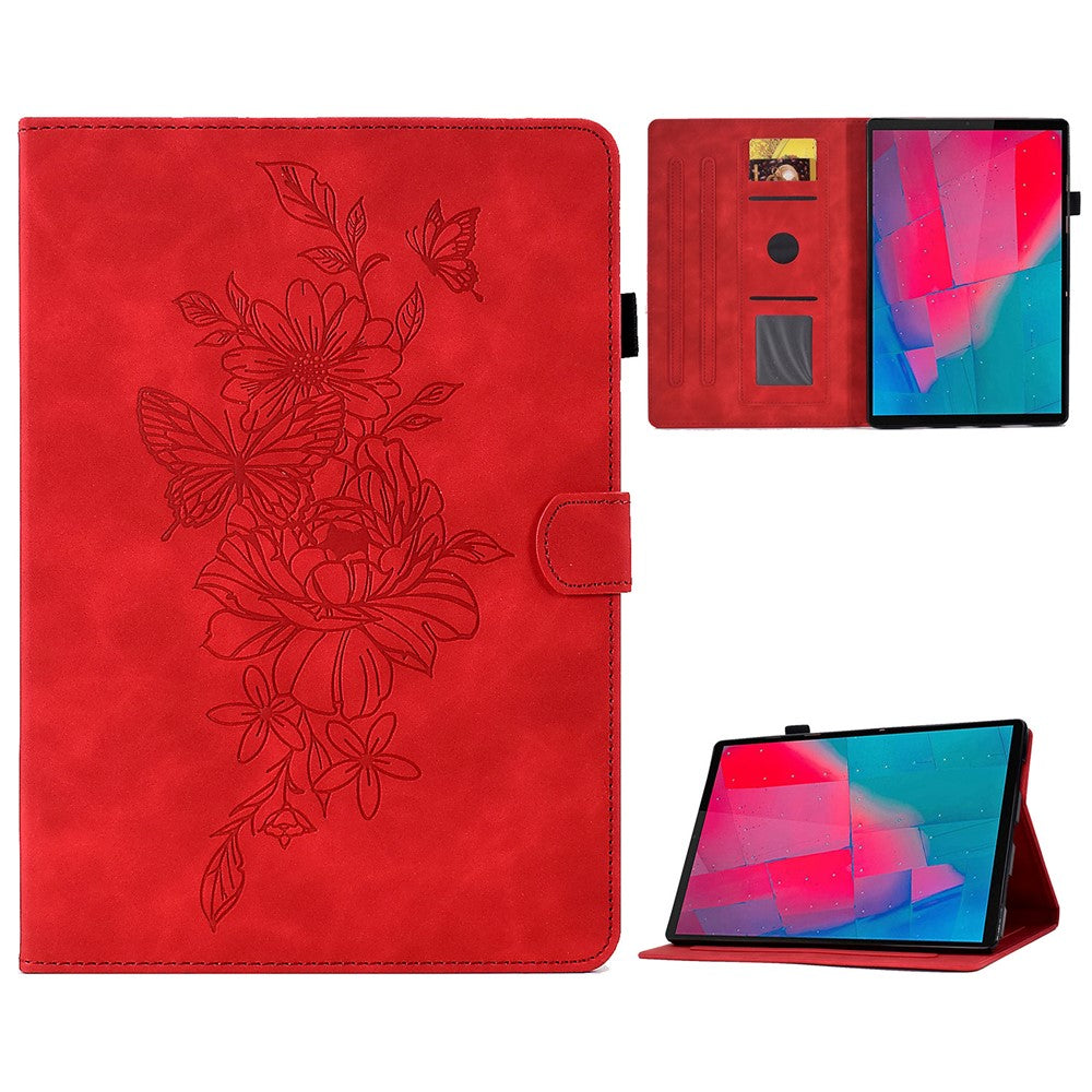 For Lenovo Tab M10 Plus TB-X606F Butterfly Flower Pattern Imprinted PU Leather Folio Case Stitching Line Card Holder Stand Smart Tablet Cover - Red
