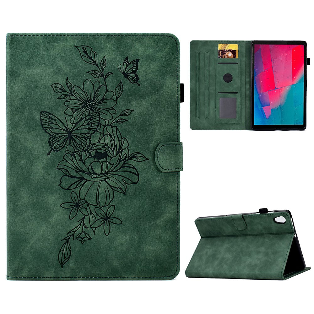 For Lenovo Tab M10 HD Gen 2 (X306X) Drop-proof PU Leather Tablet Case Stand with Card Slots Butterfly Flower Pattern Imprinted Auto Sleep / Wake Cover - Green